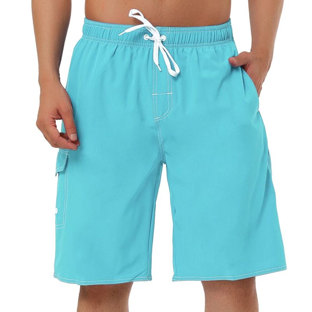 Summer Solid Shorts Drawstring Elastic Waist Swim Beach Board Shorts Light Blue